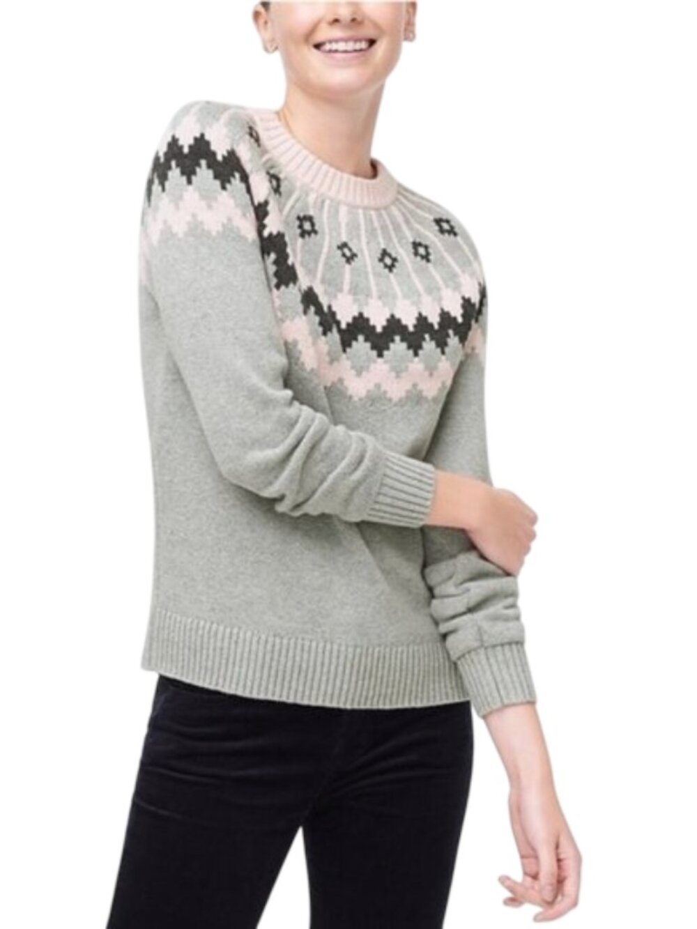 J.Crew Fair Isle Crewneck Sweater Grey Pink Long Sleeve Cotton Small